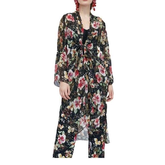 Zara Woman Floral Kimono Duster Black Sheer Size Medium M - XL Side Slits Drape - Picture 1 of 11